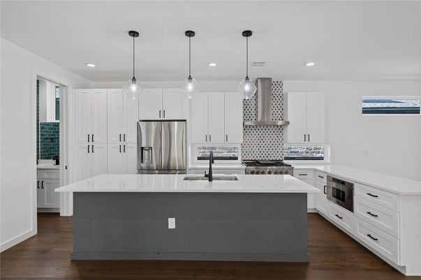 Interior, Kitchen, Pendant Lights, Recessed Lighting, Stainless Steel Appliances, Wood Texture Flooring