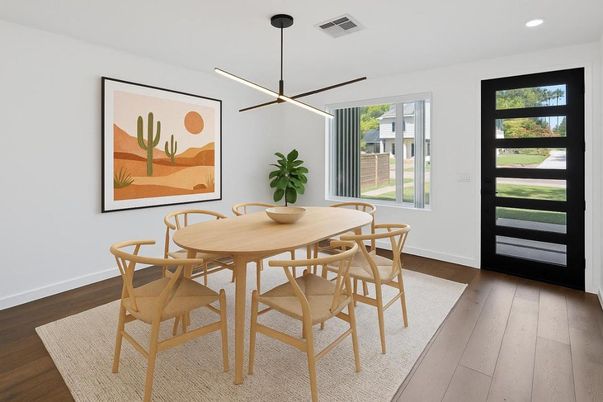 Dining room, Interior, Pendant Lights, Recessed Lighting, Wood Texture Flooring