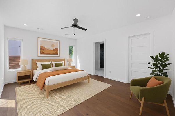 Bedroom, Interior, Recessed Lighting, Wood Texture Flooring