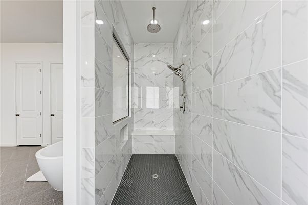 Bathroom, Free Standing Baths, Glass Shower, Interior, Marble Walls, Recessed Lighting