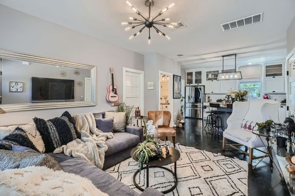 Interior, Kitchen, Living room, Pendant Lights, Stainless Steel Appliances, Wood Texture Flooring
