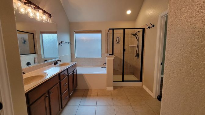 Bathroom, Dual Sink Vanities, Glass Shower, Interior, Recessed Lighting