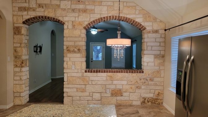 Chandelier, Interior, Pendant Lights, Stone Walls, Wood Texture Flooring