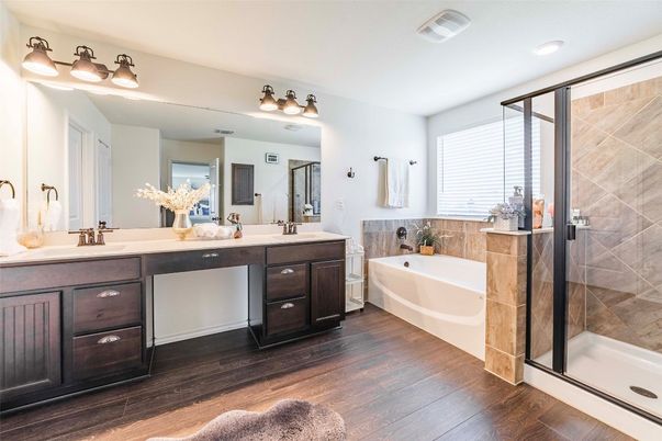 Bathroom, Dual Sink Vanities, Glass Shower, Interior, Recessed Lighting, Wood Texture Flooring