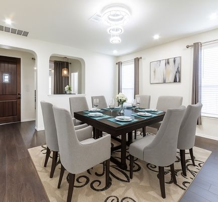 Dining room, Interior, Pendant Lights, Recessed Lighting, Wood Texture Flooring