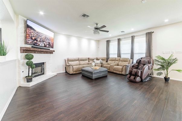 Fireplace, Interior, Living room, Recessed Lighting, Wood Texture Flooring