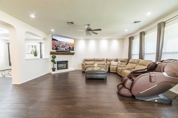 Fireplace, Interior, Living room, Recessed Lighting, Wood Texture Flooring