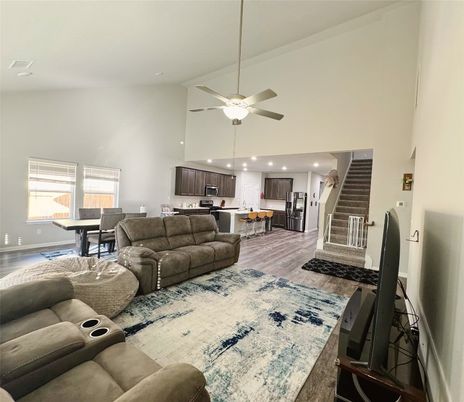 Dining room, Interior, Kitchen, Living room, Recessed Lighting, Stainless Steel Appliances, Wood Texture Flooring