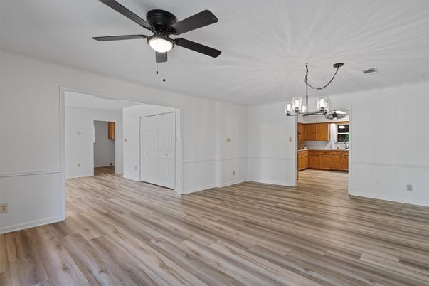 Chandelier, Empty room, Interior, Kitchen, Wood Texture Flooring