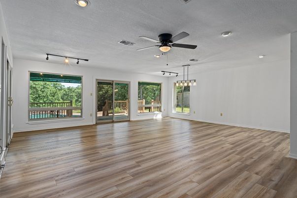 Empty room, Interior, Pendant Lights, Recessed Lighting, Wood Texture Flooring