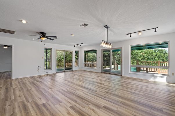 Empty room, Interior, Pendant Lights, Recessed Lighting, Wood Texture Flooring