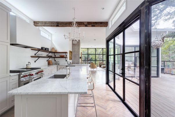 Chandelier, Interior, Kitchen, Recessed Lighting, Wooden Beams, Wood Texture Flooring