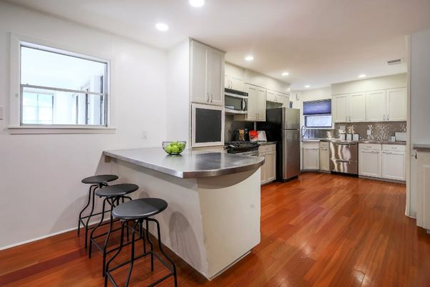 Interior, Kitchen, Recessed Lighting, Stainless Steel Appliances, Wood Texture Flooring