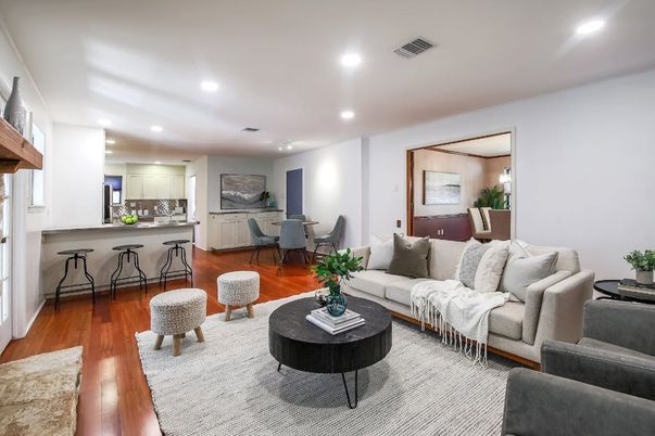 Dining room, Interior, Kitchen, Living room, Recessed Lighting, Wood Texture Flooring