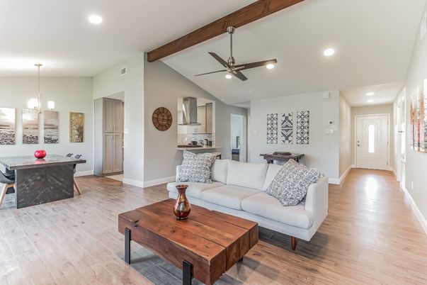 Interior, Living room, Pendant Lights, Recessed Lighting, Wooden Beams, Wood Texture Flooring