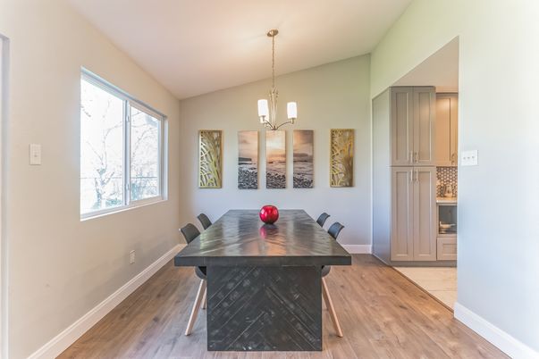 Dining room, Interior, Pendant Lights, Wood Texture Flooring