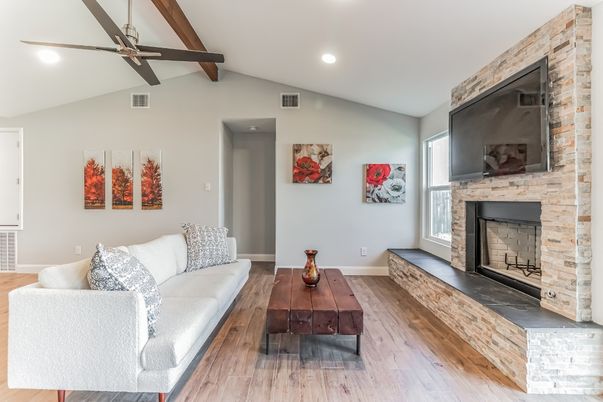 Fireplace, Interior, Living room, Recessed Lighting, Stone Walls, Wooden Beams, Wood Texture Flooring