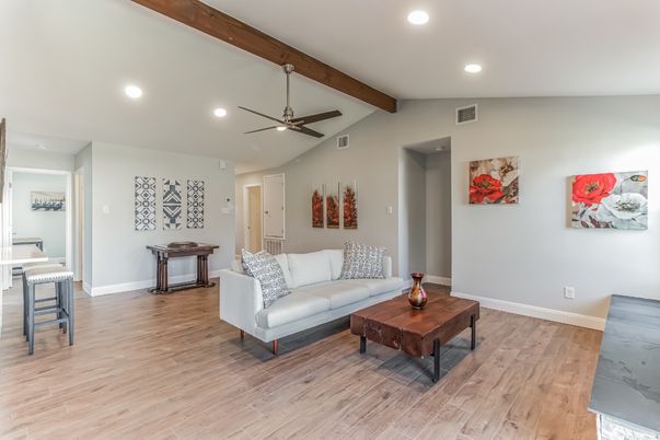 Interior, Living room, Recessed Lighting, Wooden Beams, Wood Texture Flooring