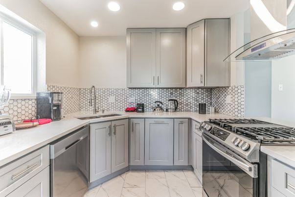 Interior, Kitchen, Marble, Recessed Lighting, Stainless Steel Appliances