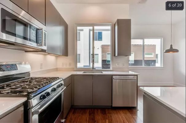 Interior, Kitchen, Pendant Lights, Stainless Steel Appliances, Wood Texture Flooring