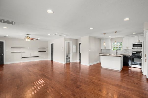Empty room, Interior, Kitchen, Pendant Lights, Recessed Lighting, Wood Texture Flooring