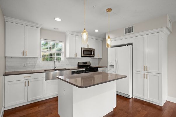 Interior, Kitchen, Pendant Lights, Recessed Lighting, Stainless Steel Appliances, Wood Texture Flooring