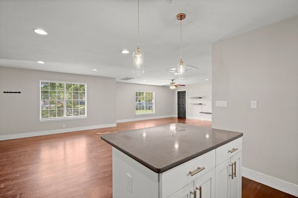 Empty room, Interior, Kitchen, Pendant Lights, Recessed Lighting, Wood Texture Flooring