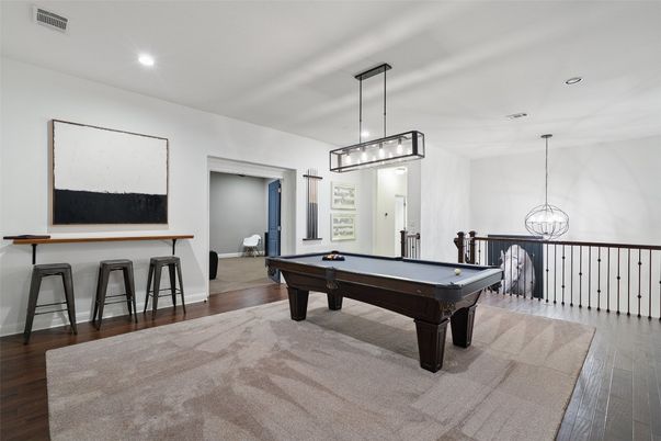 Billiard Table, Game Room, Interior, Pendant Lights, Recessed Lighting, Wood Texture Flooring