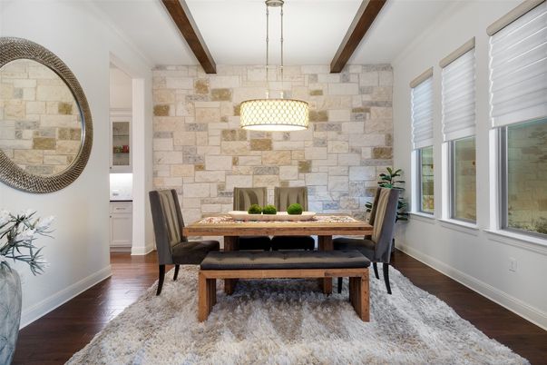 Dining room, Interior, Pendant Lights, Stone Walls, Wooden Beams, Wood Texture Flooring