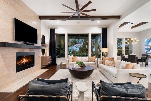 Dining room, Fireplace, Interior, Living room, Pendant Lights, Recessed Lighting, Wooden Beams, Wood Texture Flooring