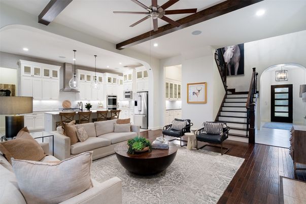 Interior, Kitchen, Living room, Pendant Lights, Recessed Lighting, Stainless Steel Appliances, Wooden Beams, Wood Texture Flooring