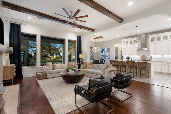 Interior, Kitchen, Living room, Pendant Lights, Recessed Lighting, Wooden Beams, Wood Texture Flooring