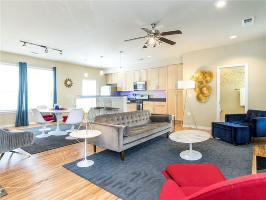 Dining room, Interior, Kitchen, Living room, Pendant Lights, Recessed Lighting, Stainless Steel Appliances, Wood Texture Flooring