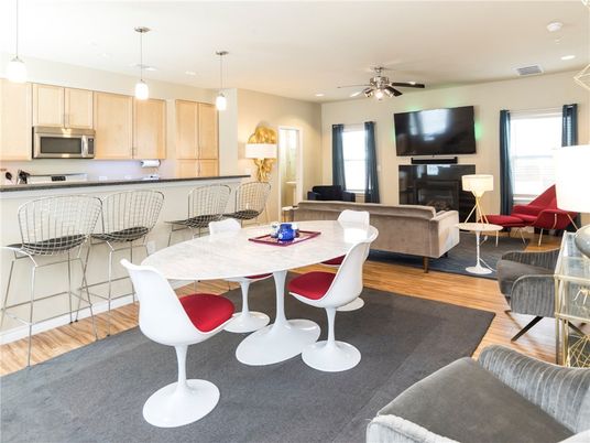 Dining room, Interior, Kitchen, Living room, Pendant Lights, Recessed Lighting, Stainless Steel Appliances, Wood Texture Flooring