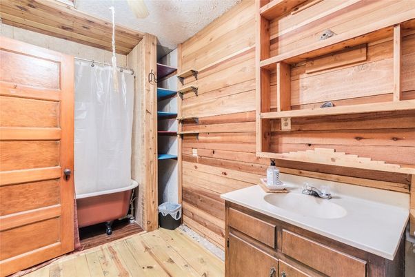 Bathroom, Free Standing Baths, Interior, Wood Texture Flooring, Wooden Walls