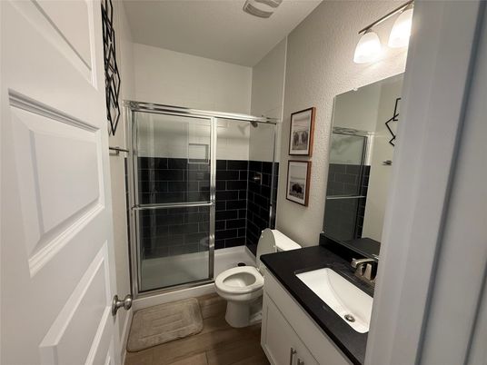 Bathroom, Glass Shower, Interior, Wood Texture Flooring