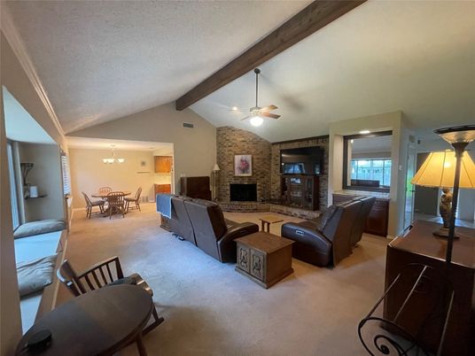 Dining room, Fireplace, Interior, Living room, Stone Walls, Wooden Beams