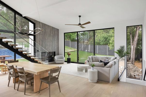 Dining room, Interior, Living room, Pendant Lights, Wood Texture Flooring