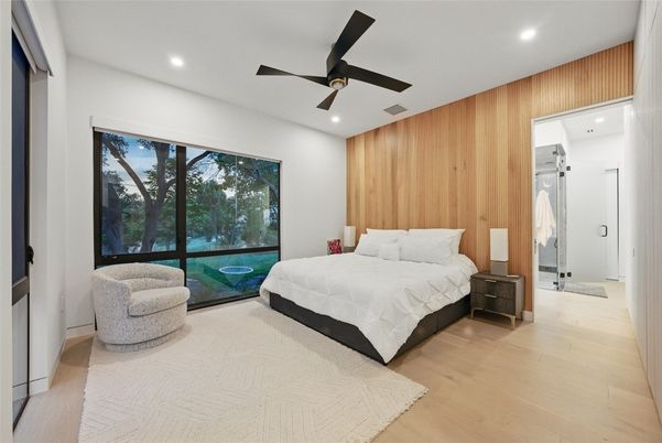 Bedroom, Interior, Recessed Lighting, Wood Texture Flooring, Wooden Walls