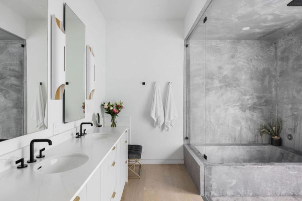 Bathroom, Dual Sink Vanities, Glass Shower, Interior, Marble Walls, Wood Texture Flooring