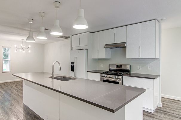 Interior, Kitchen, Pendant Lights, Stainless Steel Appliances, Wood Texture Flooring