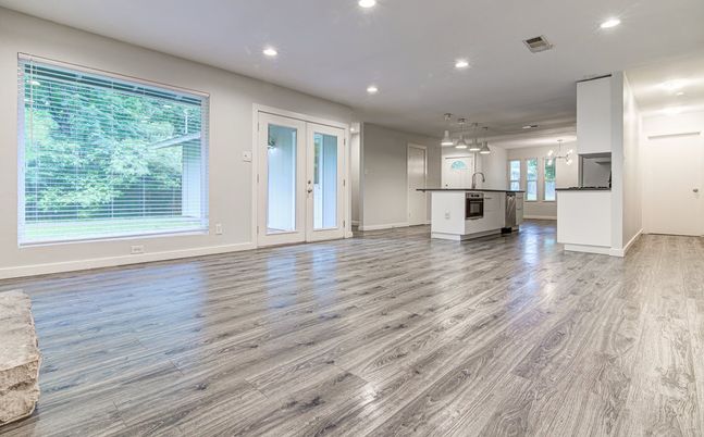 Empty room, Interior, Kitchen, Pendant Lights, Recessed Lighting, Wood Texture Flooring