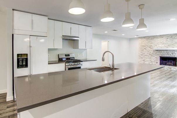 Fireplace, Interior, Kitchen, Pendant Lights, Recessed Lighting, Stainless Steel Appliances, Stone Walls, Wood Texture Flooring