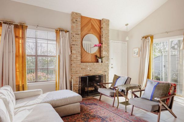Fireplace, Interior, Living room, Pendant Lights, Stone Walls