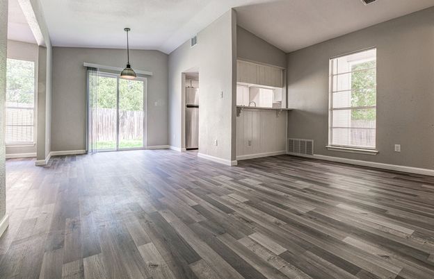 Empty room, Interior, Pendant Lights, Wood Texture Flooring