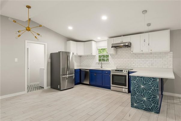 Interior, Kitchen, Pendant Lights, Recessed Lighting, Stainless Steel Appliances, Wood Texture Flooring