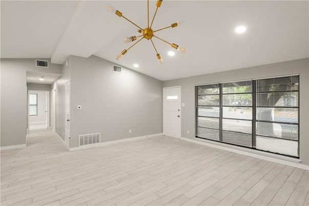 Empty room, Interior, Pendant Lights, Recessed Lighting, Wood Texture Flooring