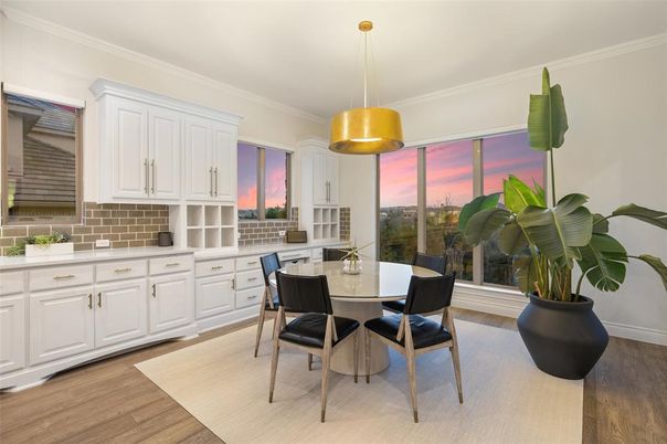 Dining room, Interior, Pendant Lights, Wood Texture Flooring