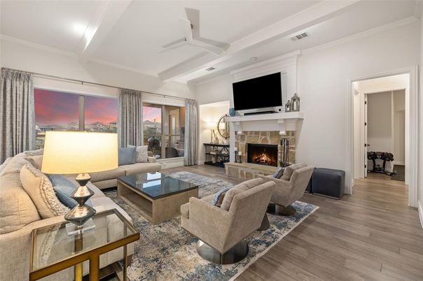 Fireplace, Interior, Living room, Recessed Lighting, Wood Texture Flooring