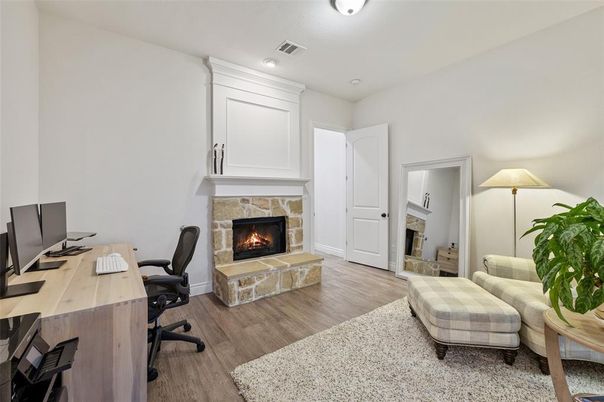 Fireplace, Home Office, Interior, Recessed Lighting, Wood Texture Flooring